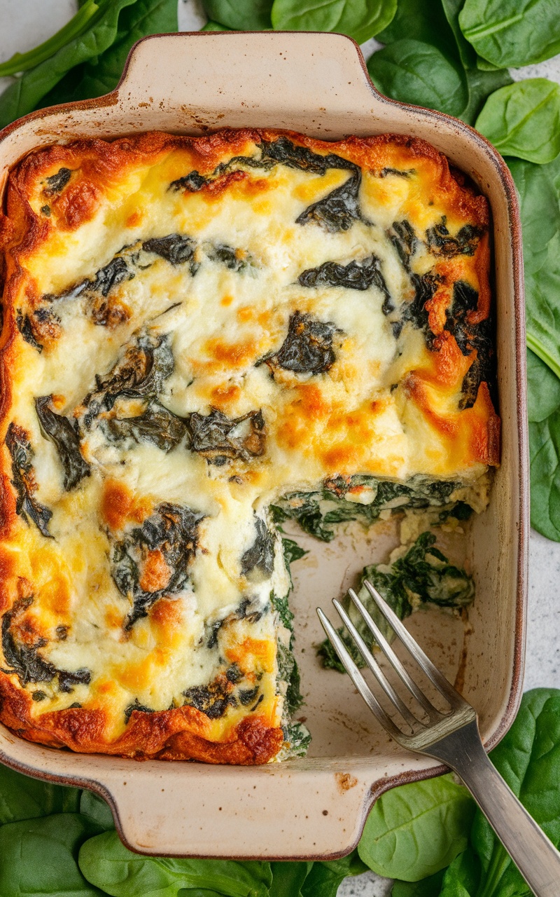 Creamy and Low-Carb Ricotta Spinach Bake Recipe Baked Ricotta Spinach Bake in a ceramic dish with melted cheeses and fresh spinach.